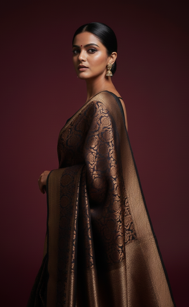 Black & Copper Banarasi Silk Saree for Women | Designer Traditional Saree | Wedding & Festive Wear