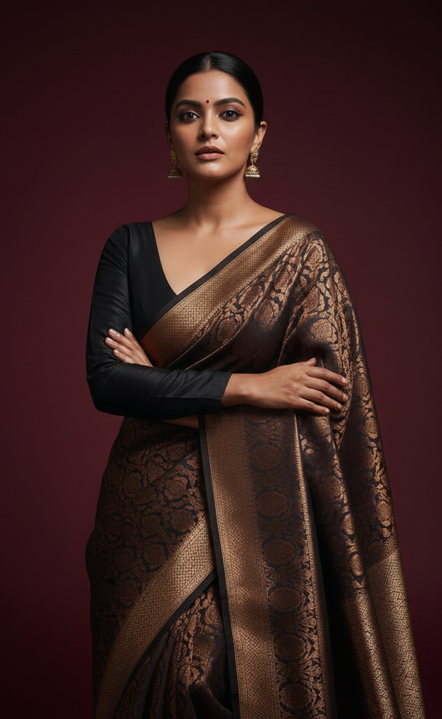 Black & Copper Banarasi Silk Saree for Women | Designer Traditional Saree | Wedding & Festive Wear