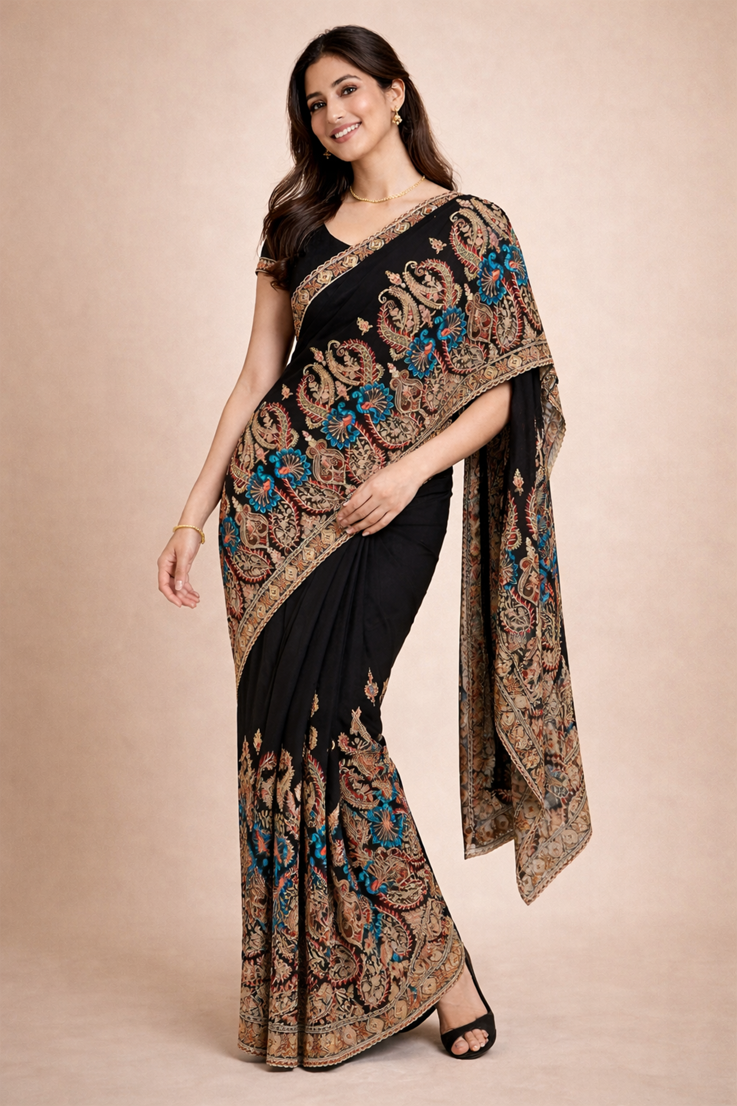 Black Kashmiri Embroidered Saree | Luxury Designer Silk Saree | Traditional Indian Wedding Party Wear Saree for Women