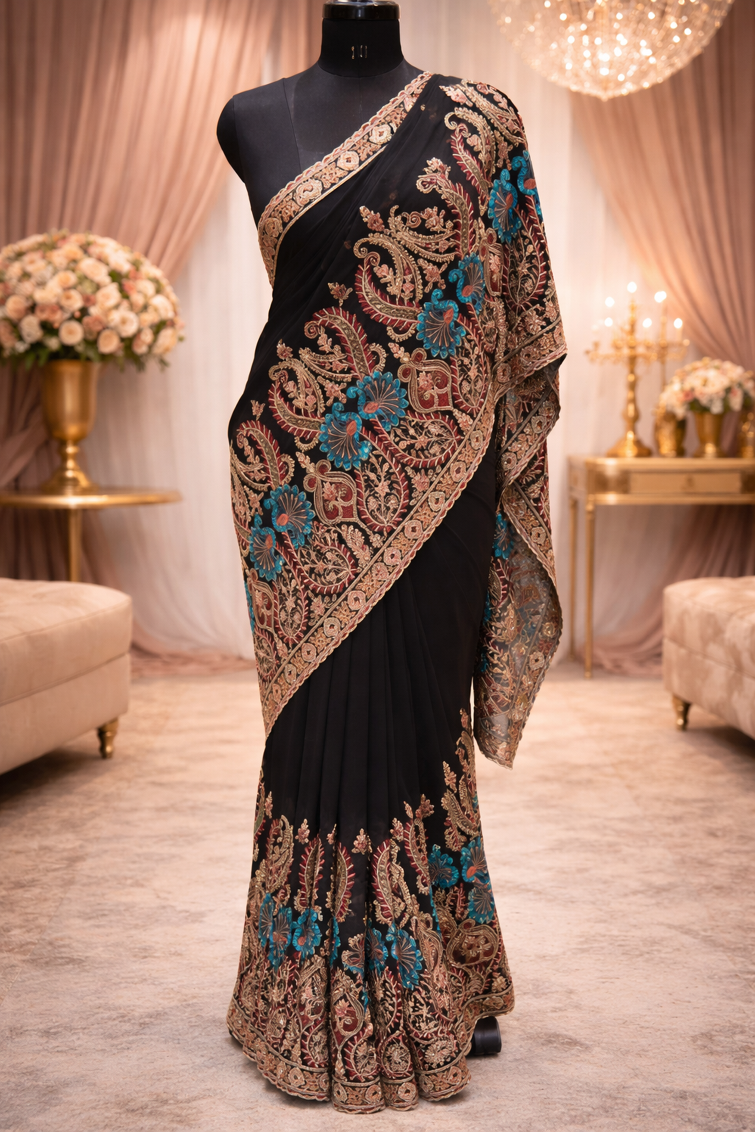 Black Kashmiri Embroidered Saree | Luxury Designer Silk Saree | Traditional Indian Wedding Party Wear Saree for Women