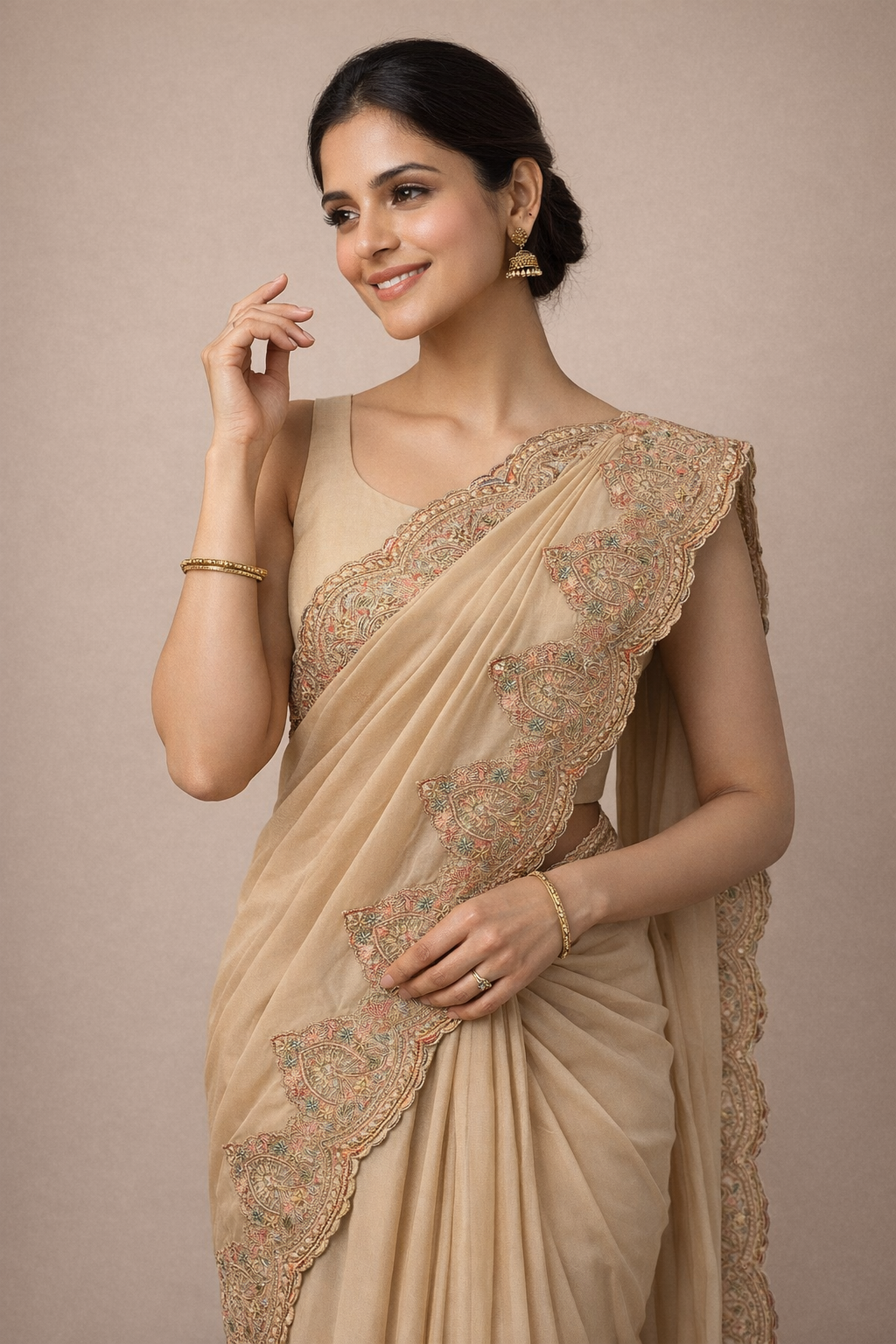 Beige Embroidered Saree for Women | Designer Party Wear Saree | Elegant Wedding & Festive Saree with Blouse