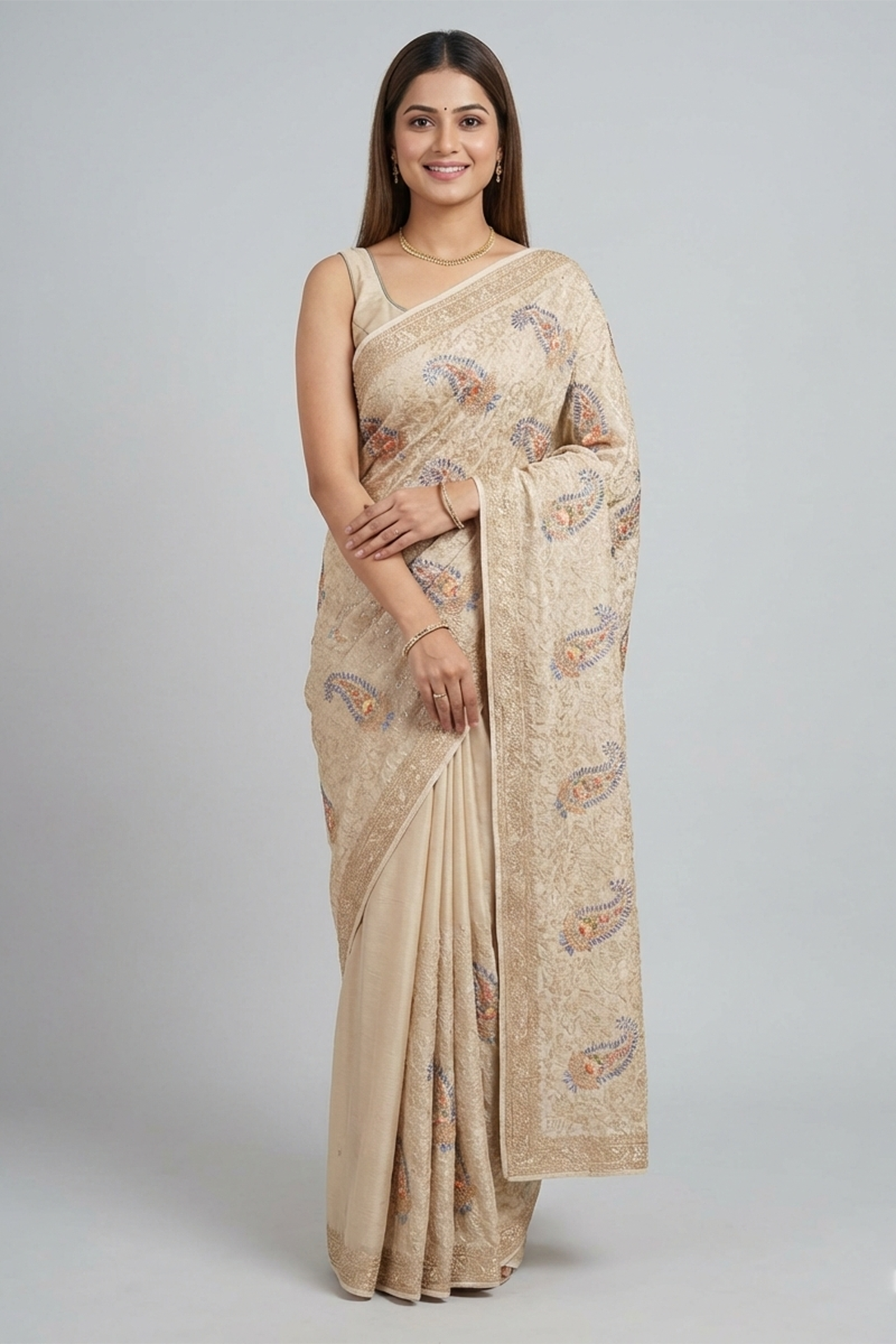 Beige Kashmiri Embroidered Saree for Women | Elegant Designer Saree | Party Wear & Festive Saree