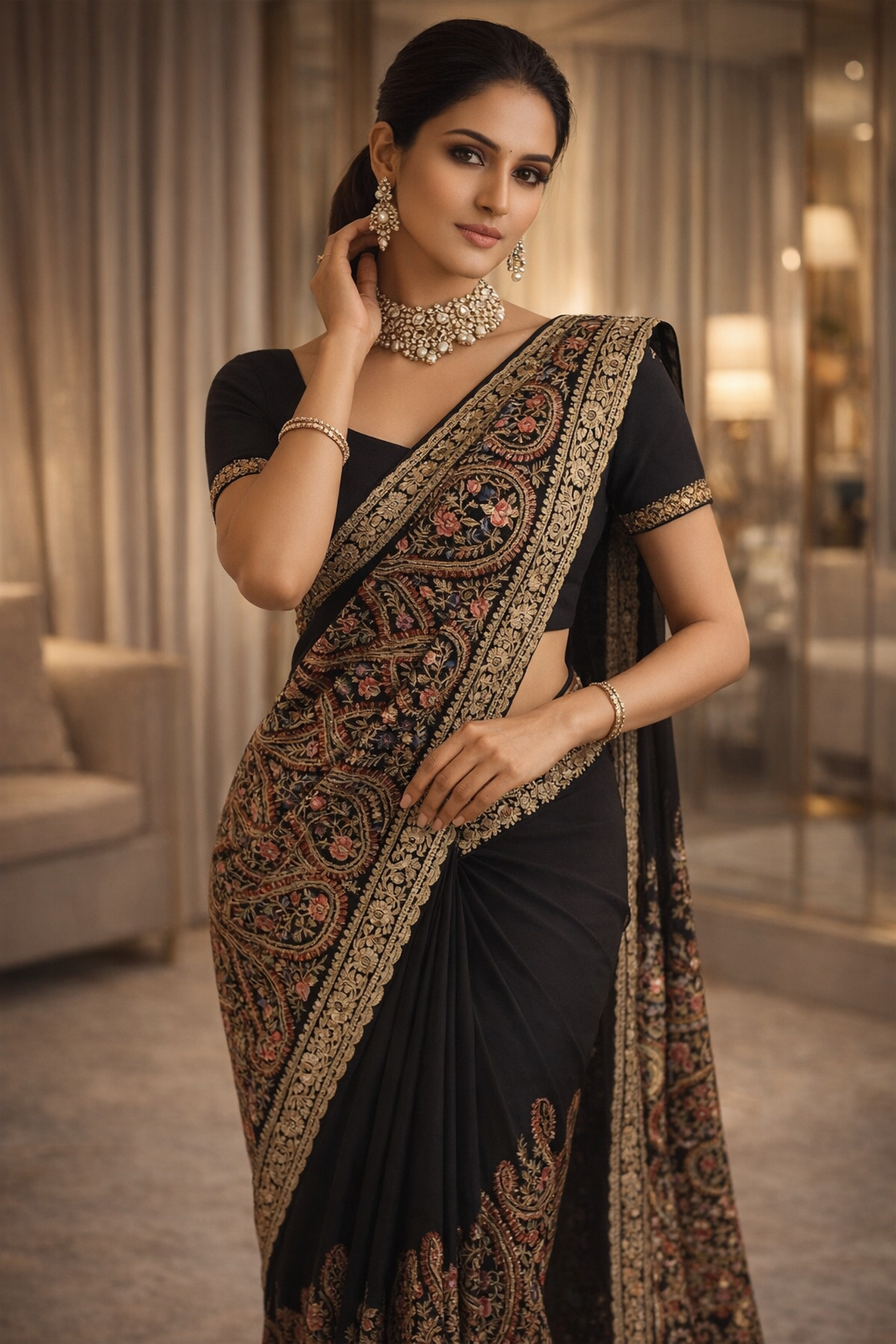 Black Kashmiri Embroidered Saree for Women | Designer Party Wear Saree | Wedding & Festive Saree
