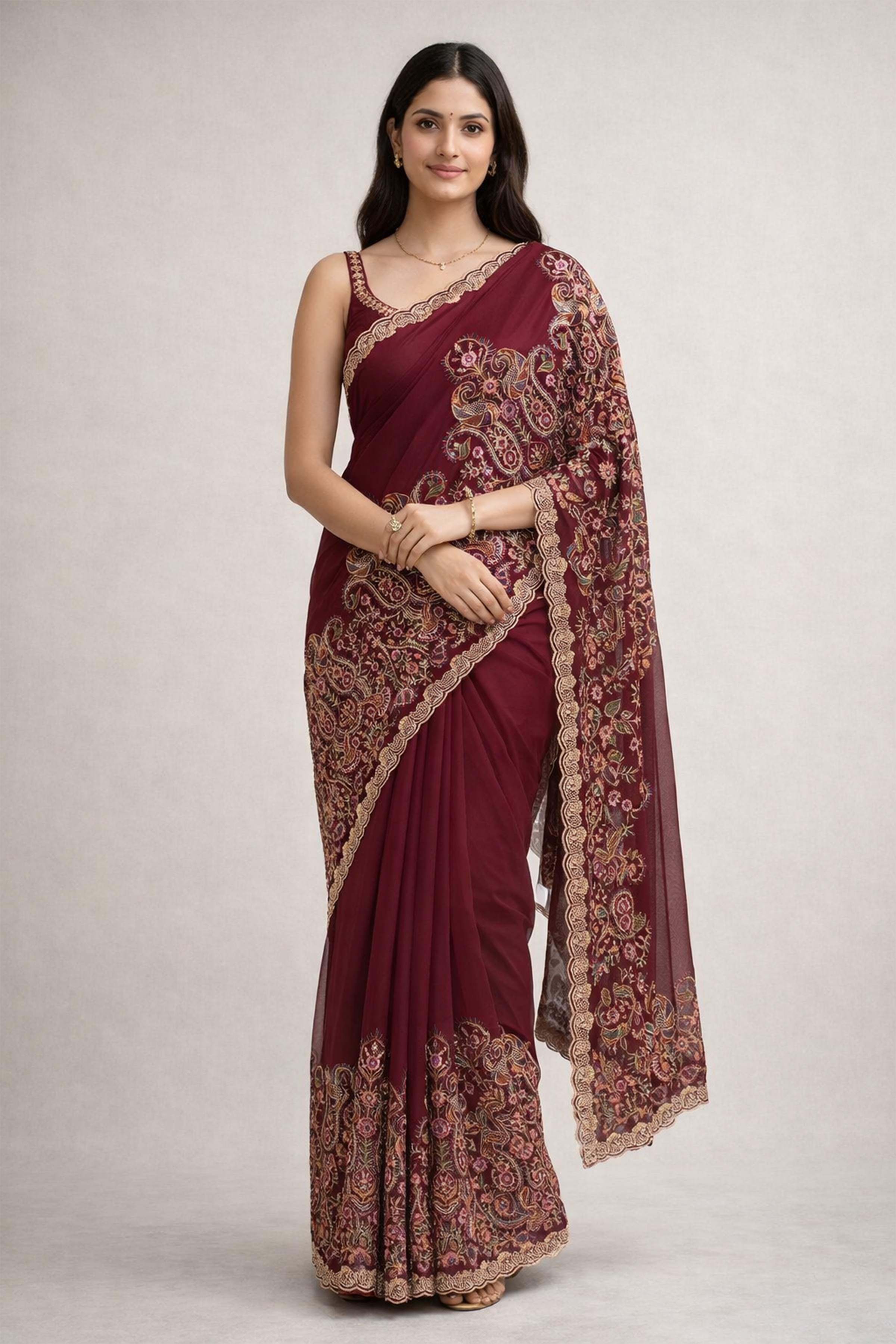 Wine Maroon Kashmiri Embroidered Saree for Women | Designer Party Wear Saree | Wedding & Festive Saree