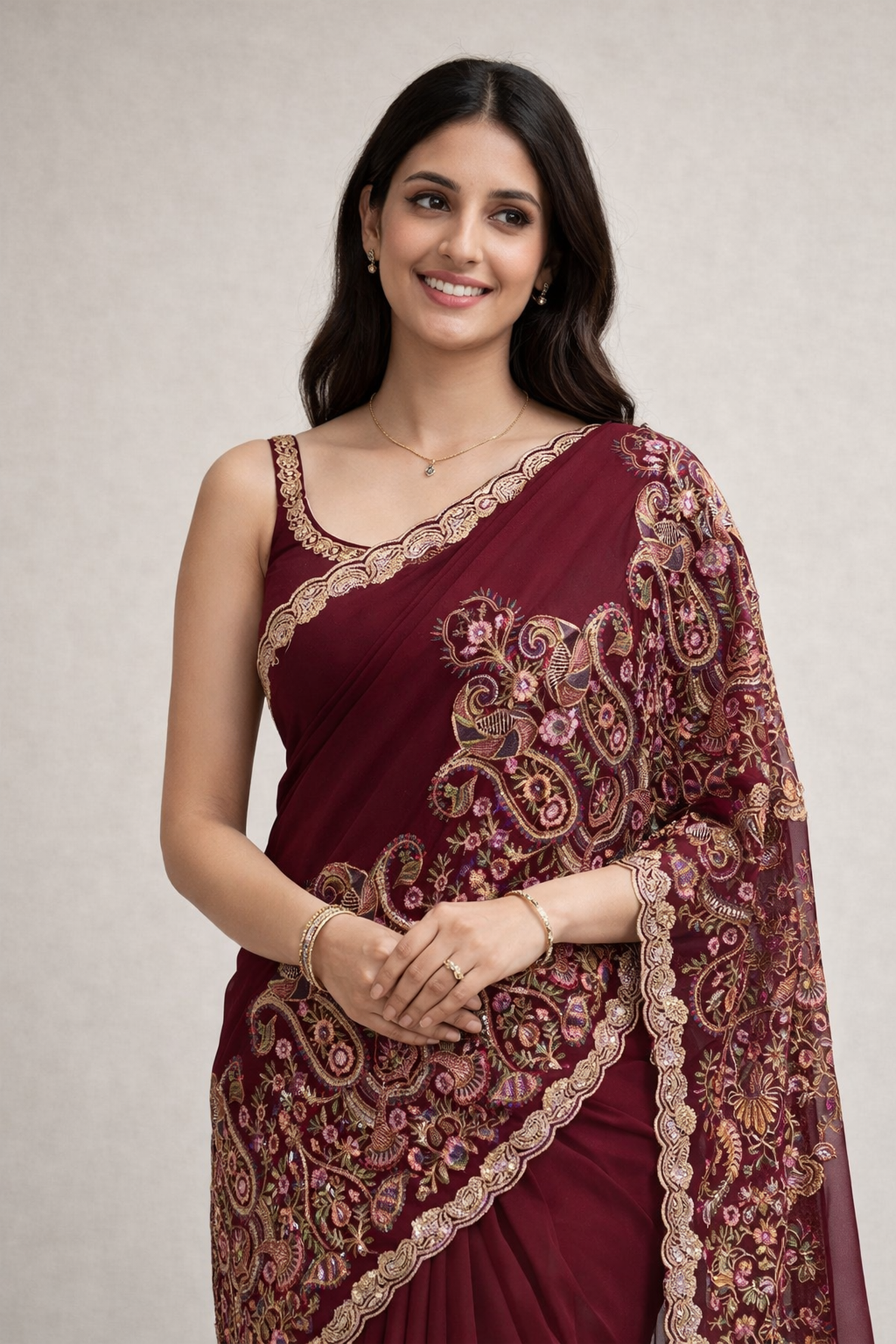 Wine Maroon Kashmiri Embroidered Saree for Women | Designer Party Wear Saree | Wedding & Festive Saree