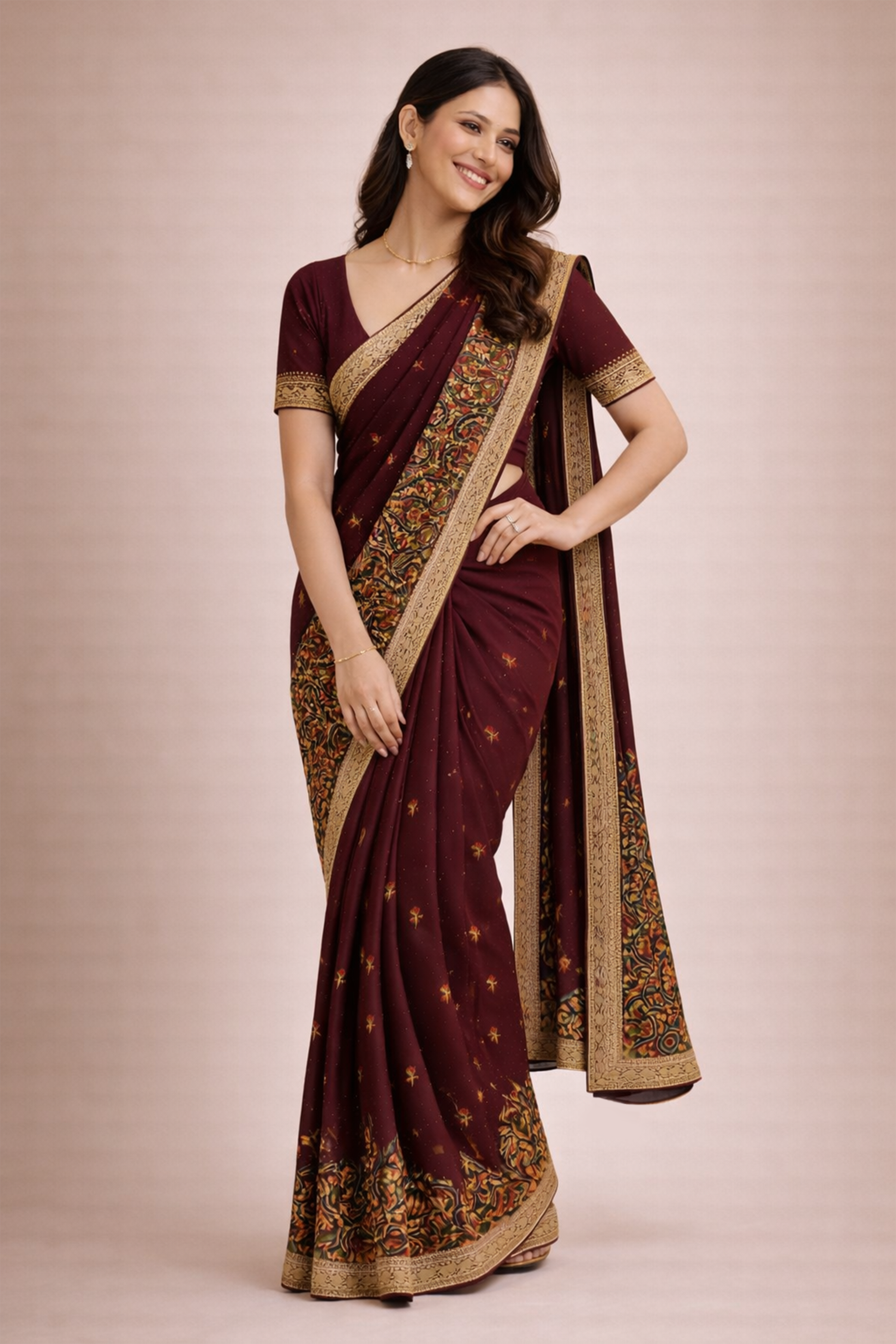 Maroon Kashmiri Embroidered Saree for Women | Designer Party Wear Saree | Wedding & Festive Saree