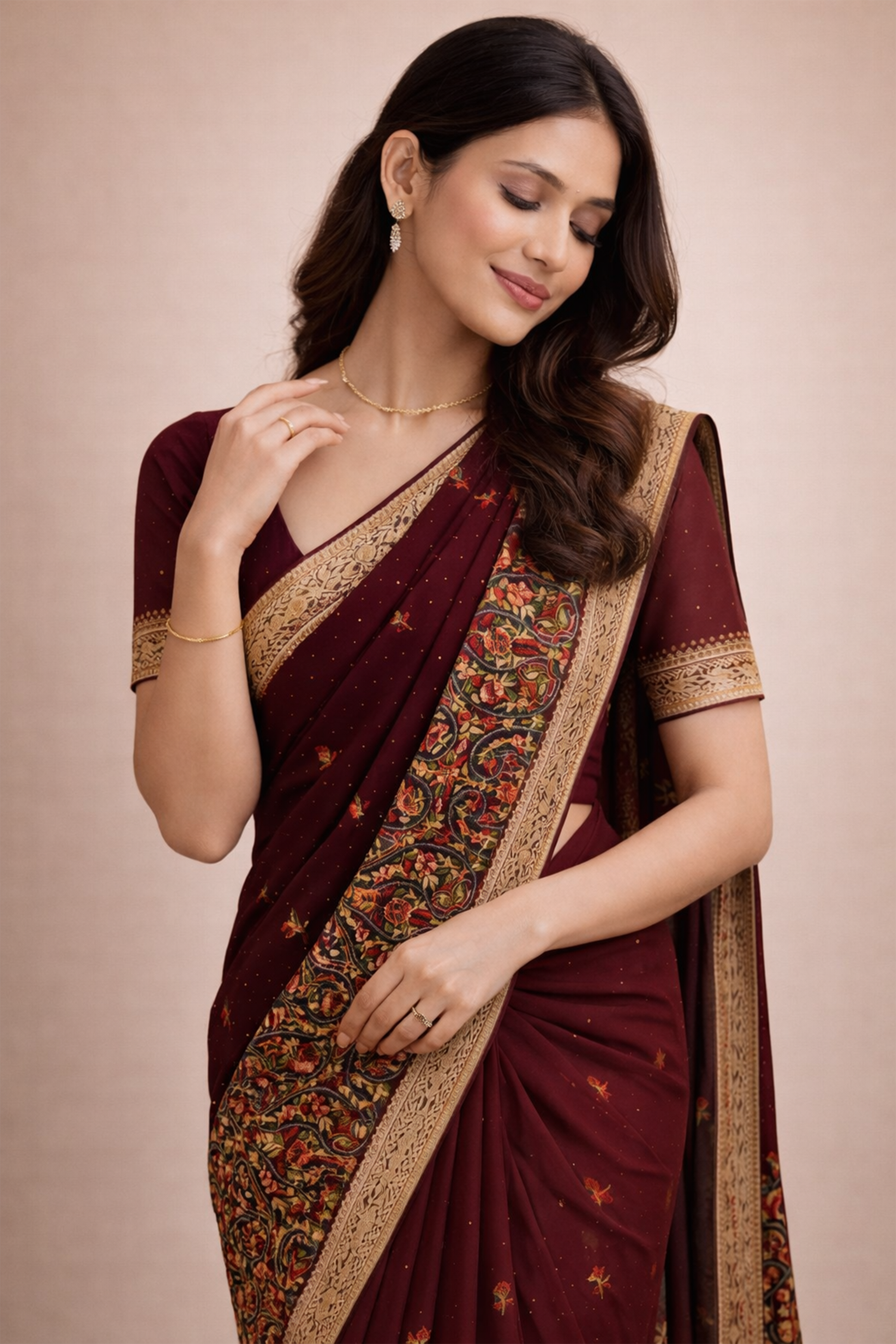 Maroon Kashmiri Embroidered Saree for Women | Designer Party Wear Saree | Wedding & Festive Saree