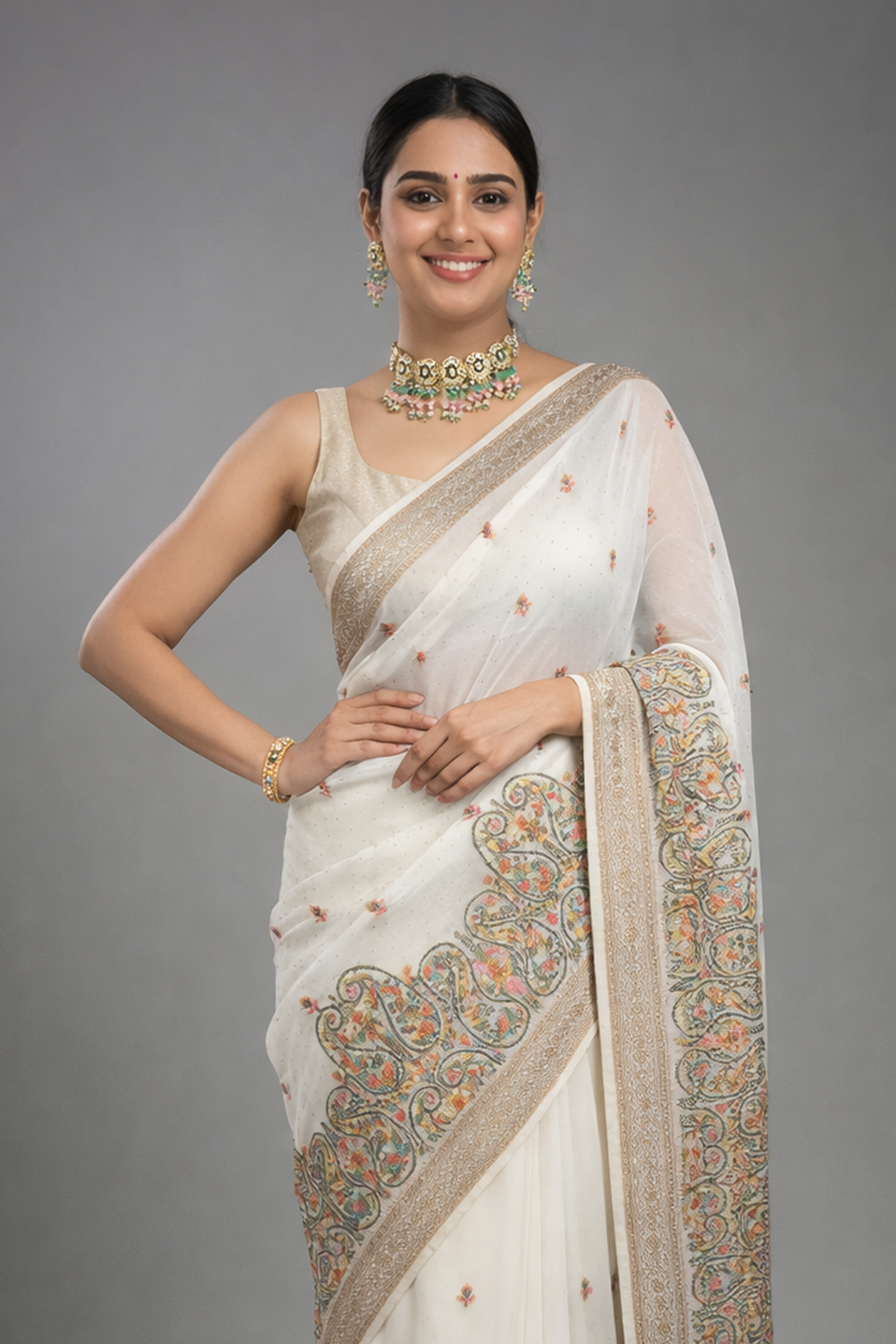 White Kashmiri Embroidered Saree for Women | Elegant Designer Saree | Wedding & Festive Wear Saree