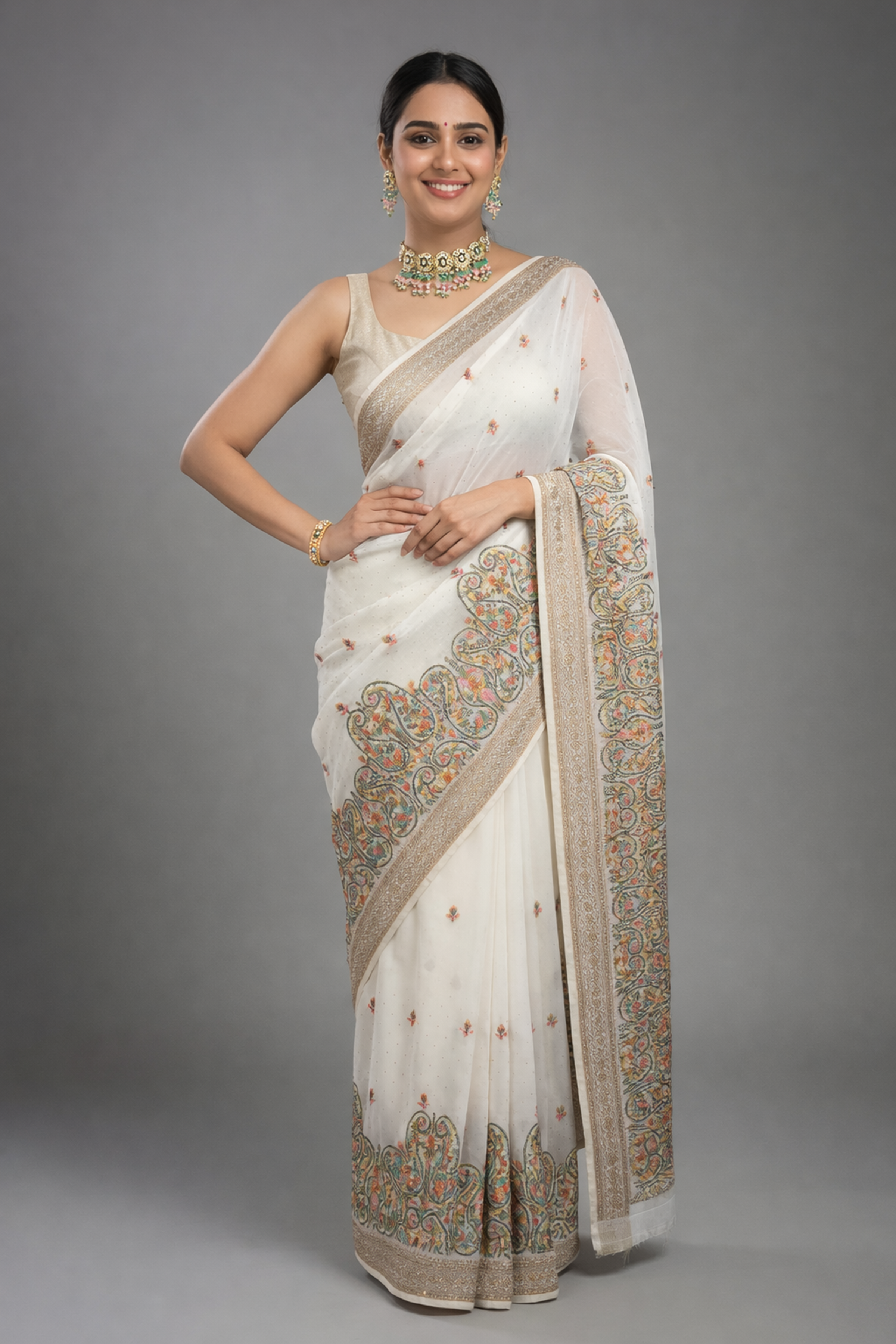 White Kashmiri Embroidered Saree for Women | Elegant Designer Saree | Wedding & Festive Wear Saree