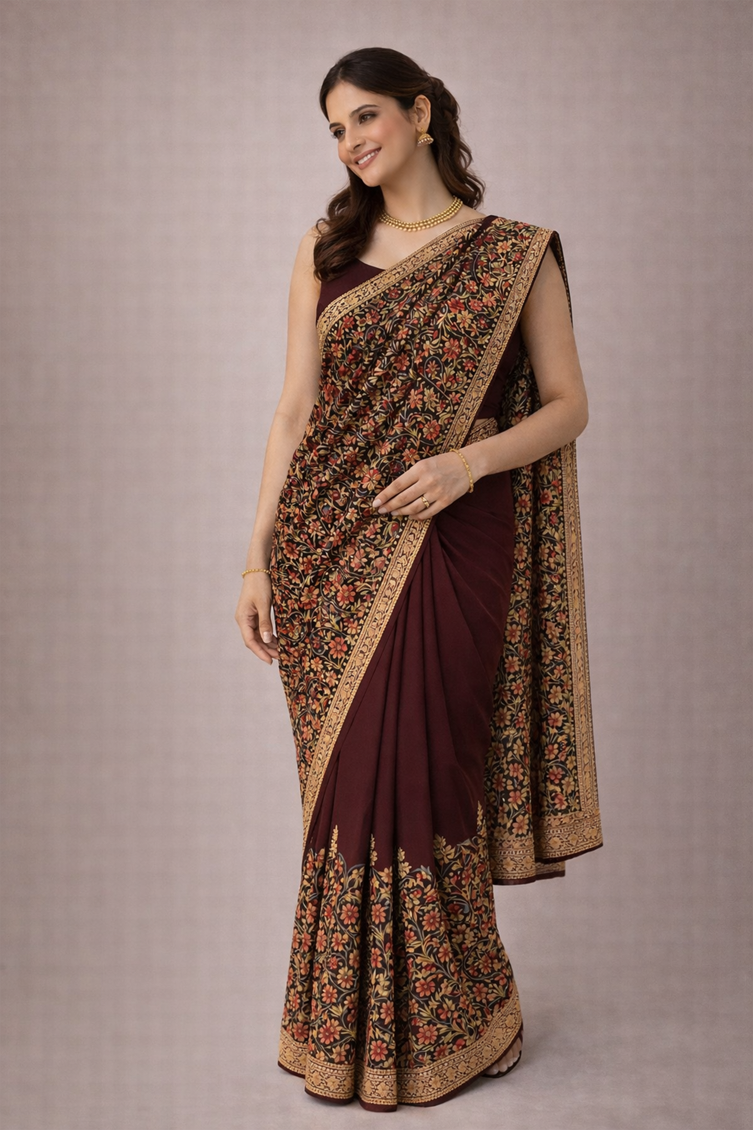 Maroon Kashmiri Embroidered Saree for Women | Designer Party Wear Saree | Wedding & Festive Saree