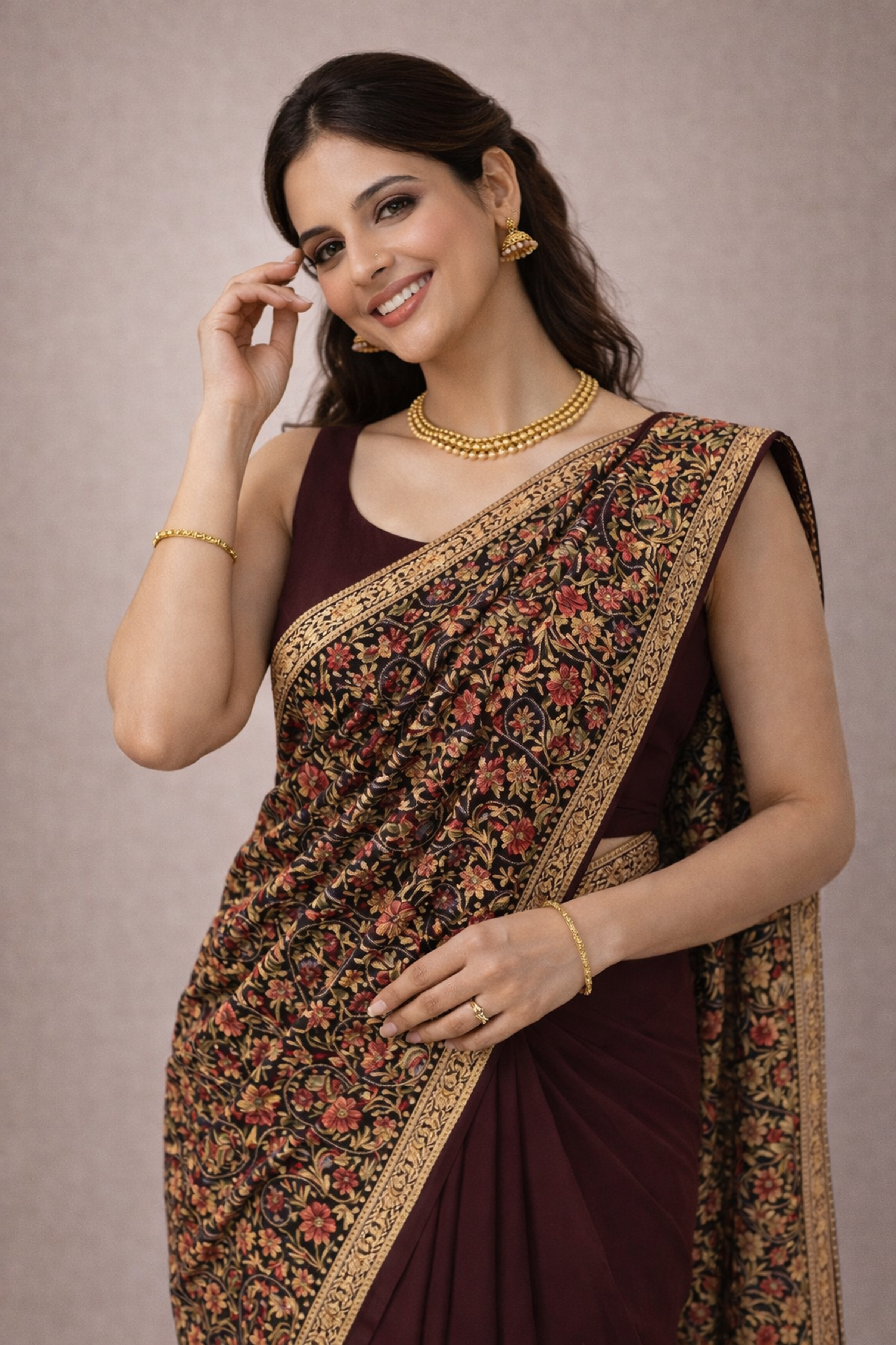 Maroon Kashmiri Embroidered Saree for Women | Designer Party Wear Saree | Wedding & Festive Saree