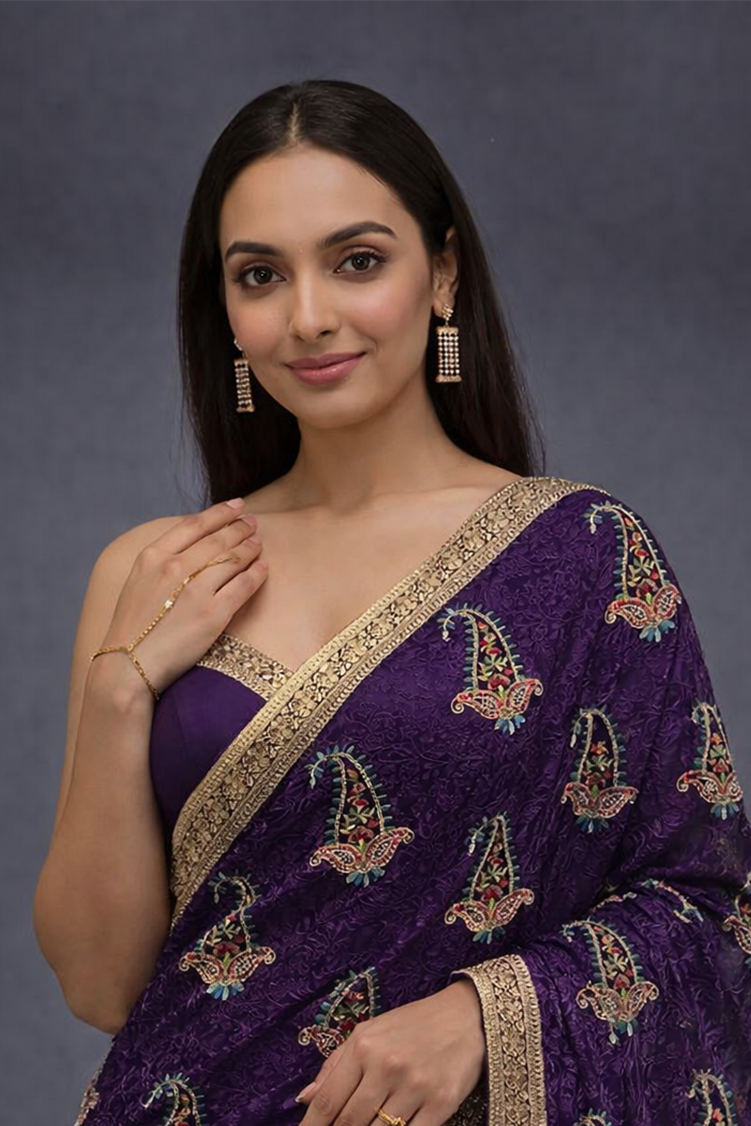 Purple Kashmiri Embroidered Saree for Women | Designer Party Wear Saree | Wedding & Festive Saree with Blouse