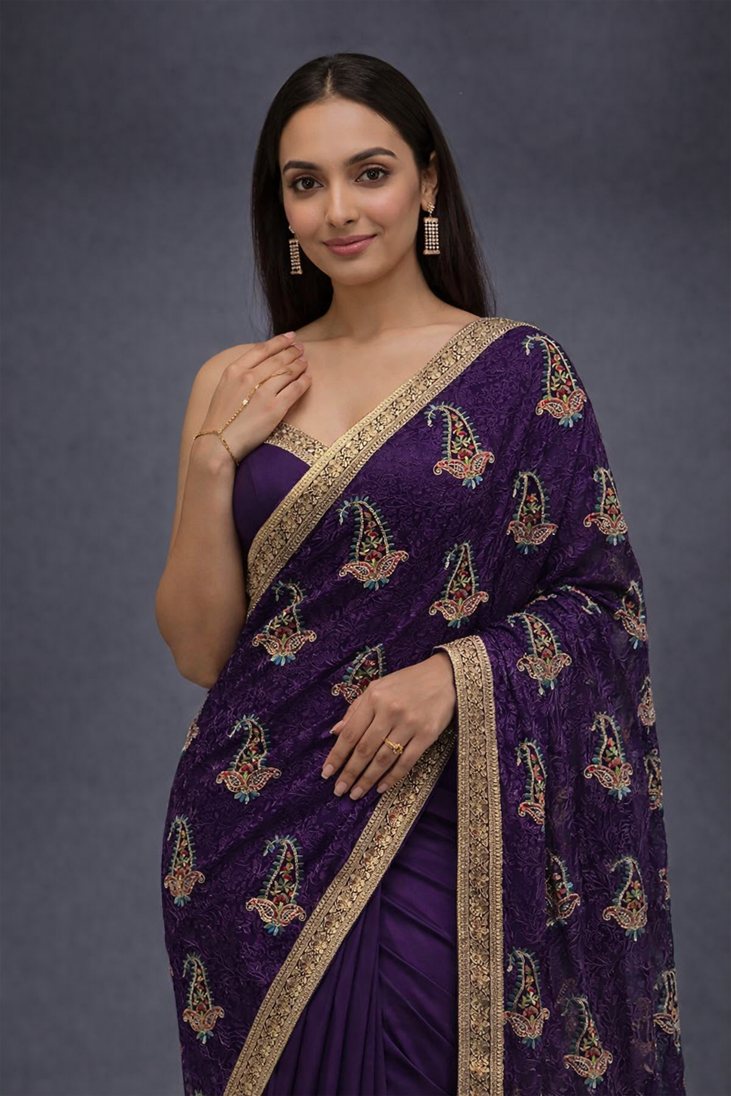 Purple Kashmiri Embroidered Saree for Women | Designer Party Wear Saree | Wedding & Festive Saree with Blouse