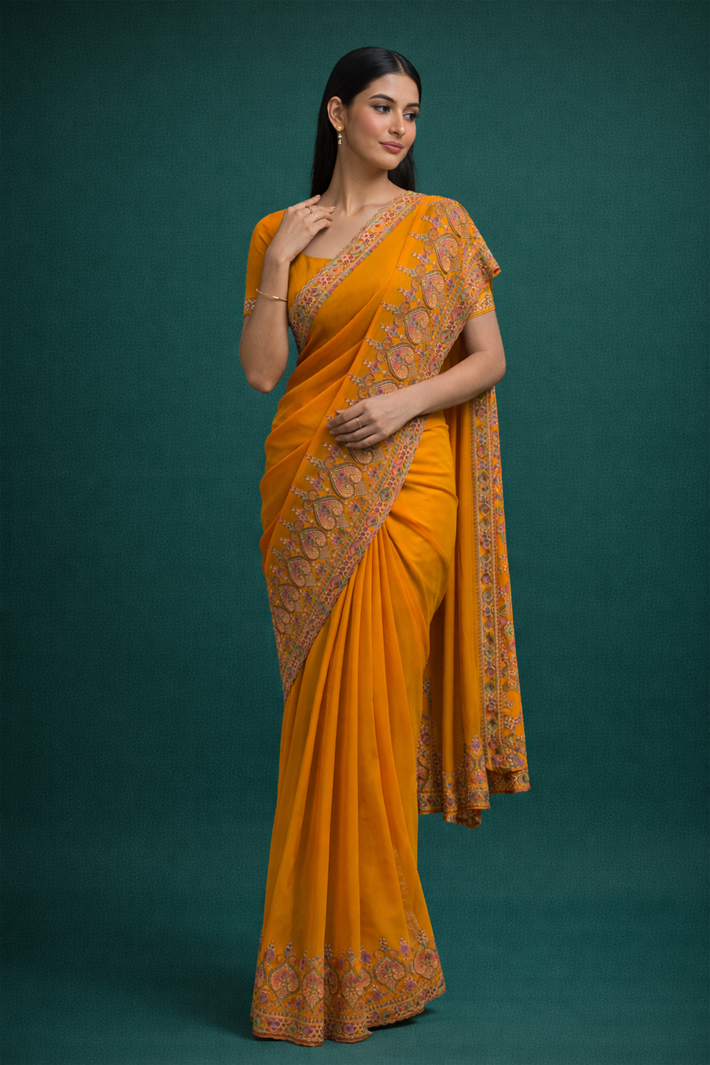 Mustard Yellow Kashmiri Embroidered Saree for Women | Designer Party Wear Saree | Wedding & Festive Saree