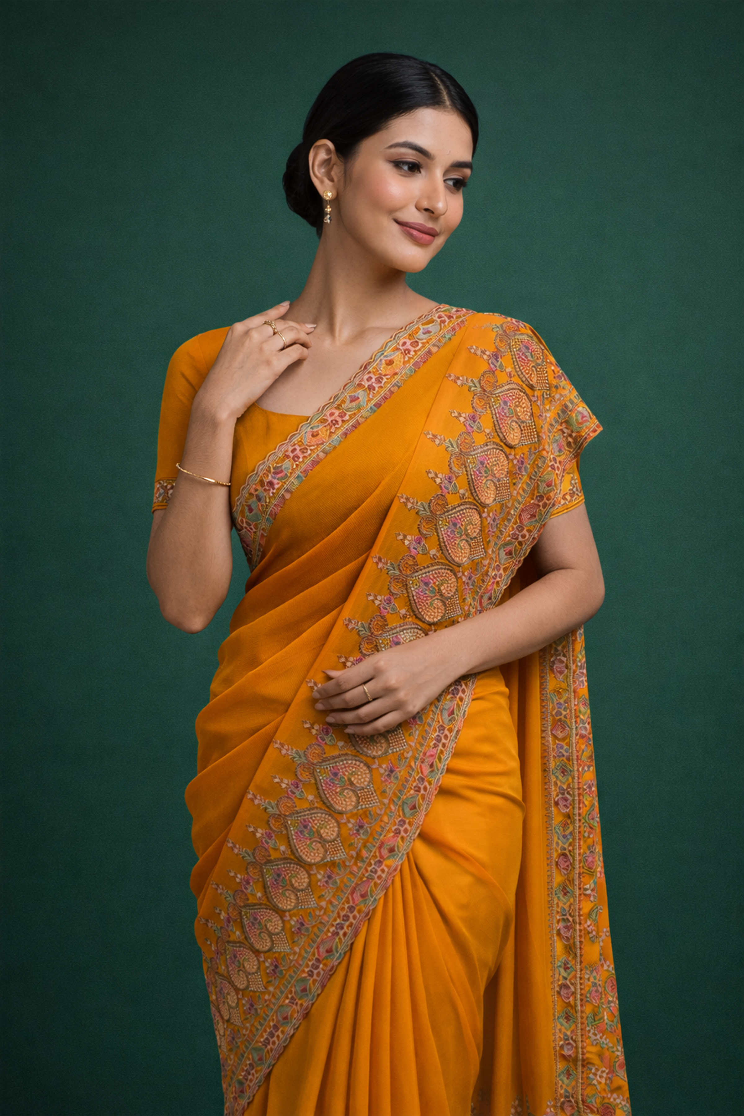 Mustard Yellow Kashmiri Embroidered Saree for Women | Designer Party Wear Saree | Wedding & Festive Saree