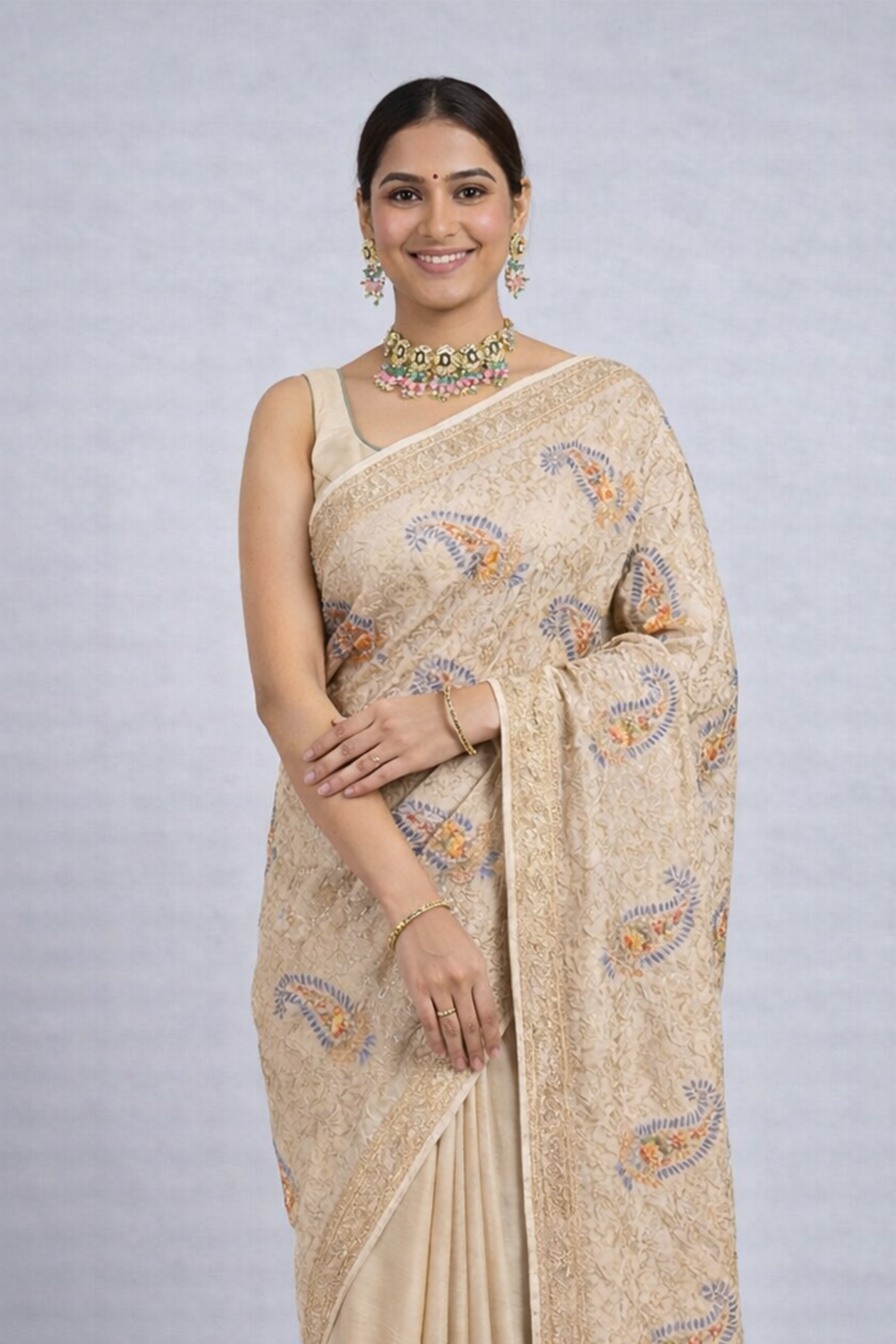 Beige Kashmiri Embroidered Saree for Women | Elegant Designer Saree | Party Wear & Festive Saree